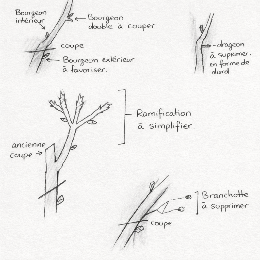 croquis de quelques exemples pour la taille rosiers - ©S.Bernier